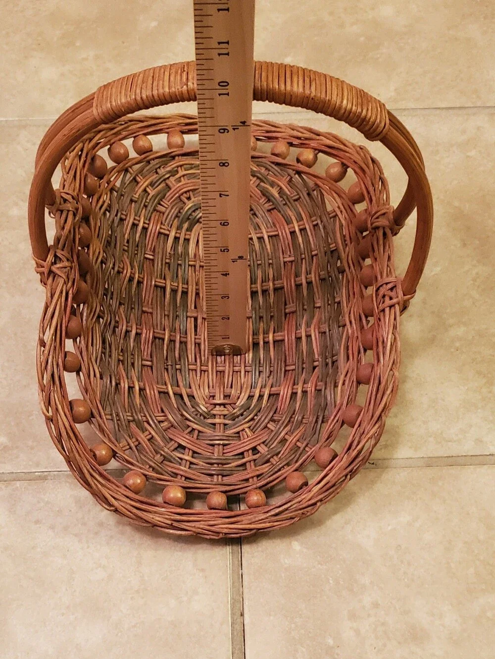 VTG. Handwoven Rattan Gathering Basket with Wood Bead Trim & Arched Handle.